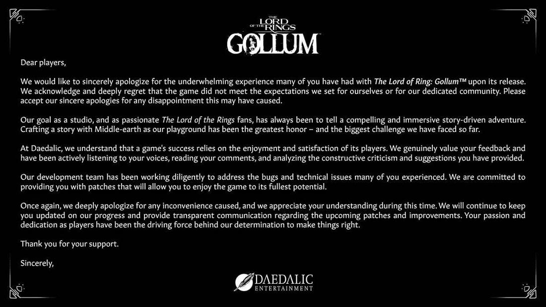 Разработчики The Lord of the Rings: Gollum извинились за игру